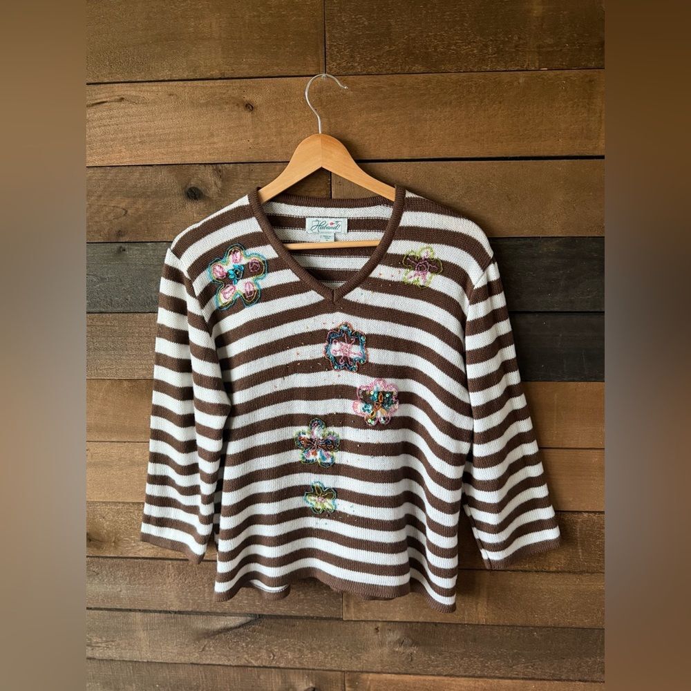 Vintage Striped Floral Beaded Knit Sweater V Neck Soft 90s Cottage - Picture 16 of 16